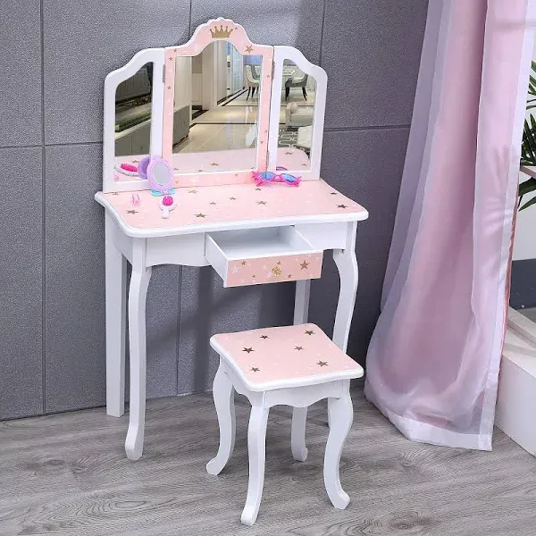 Nromant Kids Vanity Table and Chair Set, Girls Vanity Set with Mirror and Stool