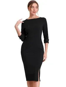 Allegra K Women's Elegant Boat Neck 3/4 Sleeves Work Midi Split Sheath Dress