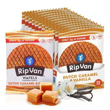 Rip Van Wafels Gluten-Free Dutch Caramel & Vanilla Stroopwafels, Healthy Snacks, Non-GMO, Low Sugar (6g), Low Calorie, 12 Count