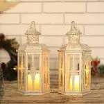 JHY Design Set of 2 Decorative Lanterns -10inch High Vintage Style Hanging Lantern Metal Candleholder White with Gold Brush