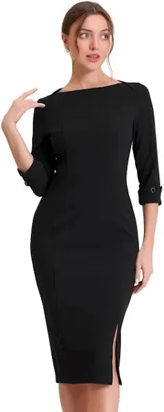 Allegra K Women's Elegant Boat Neck 3/4 Sleeves 2024 Wear to Work Midi Split Sheath Dress