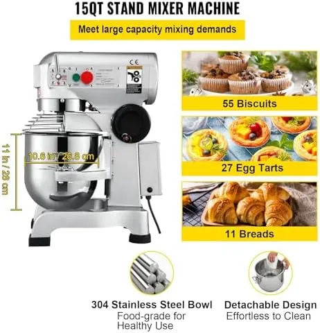 Heavy Duty 15Qt Commercial Food Mixer - 3 Speeds Adjustable - Stainless Steel Bowl - Dough Hooks Whisk Beater - Ideal for Schools Bakeries Restaurants Pizzerias