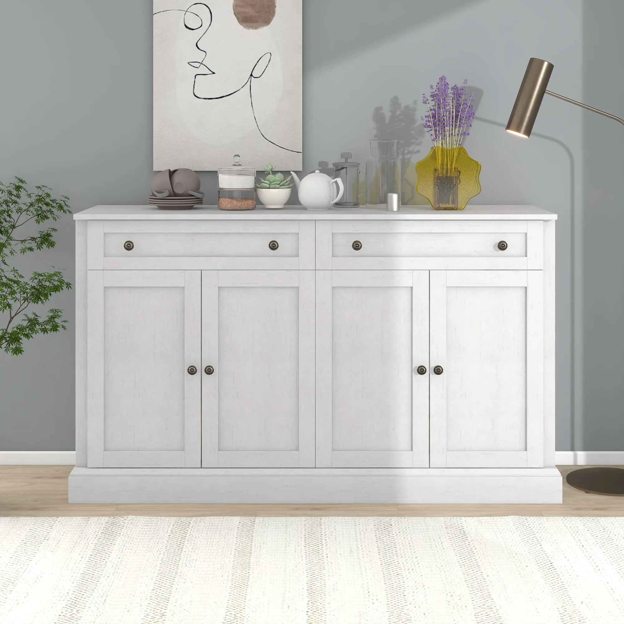 Modern Kitchen Sideboard, Storage Buffet Cabinet with 2 Drawers and 4 Doors, Adjustable Shelves for Dining Room, Living Room (Antique White@U*)