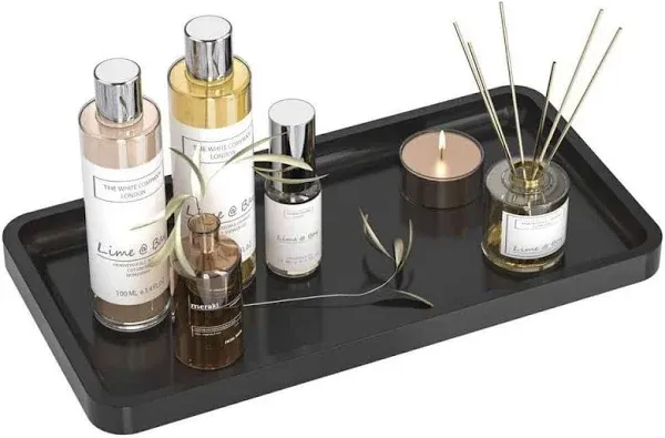 Black Bathroom Vanity Tray for Countertop - Bamboo Organizer Tray for Dresser Tops, Toilet Small Decorative Tray