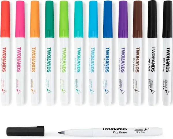 TWOHANDS Dry Erase Markers Ultra Fine Tip,0.7mm,Low Odor,Extra Fine Point,11 Assorted Colors,Whiteboard Markers for School,Office,Home,or Planning Whiteboard,12 Count,20529