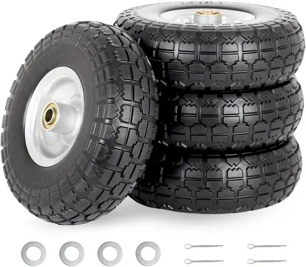 4.10/3.50-4&#034; Flat Free Tire and Wheel (4-Pack) - 10 Inch Solid Rubber Tires w...