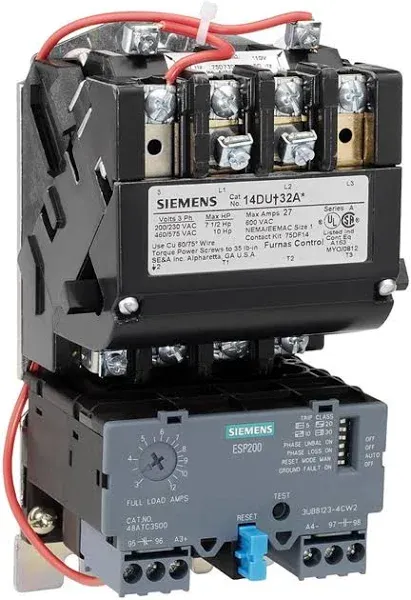 Siemens 14FUF32AA Heavy Duty Motor Starter, Non-Reversing, Solid State Overload, Auto/Manual Reset, Open Type, 3 Phase, 3 Pole, Size 2, 13 to 52A Overload Range, 120 to 240VAC Coil Voltage