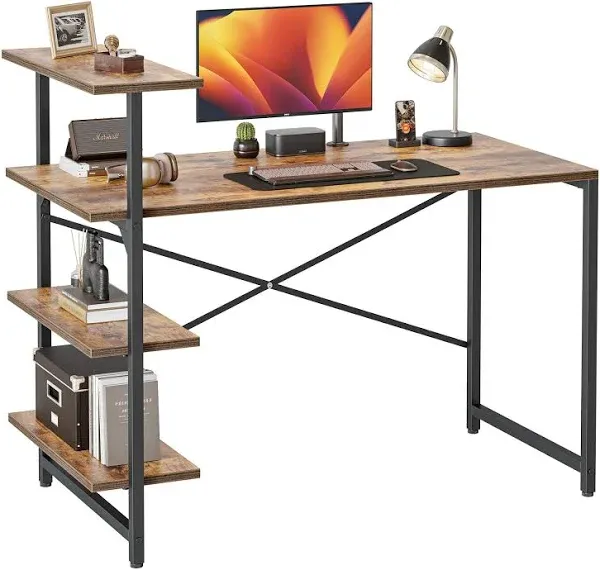 CubiCubi Small Computer Desk with Shelves, 40 Inch Reversible Home Office Desk with 3 Tier Storage Bookshelf, Study Writing Office Table, Rustic Brown