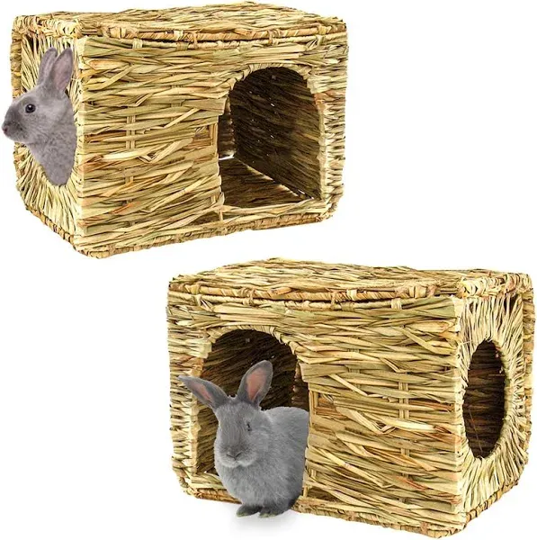 HERCOCCI Extra Large Grass House for Rabbit, Foldable & Comfortable - Small Animal Hut Play Hideaway Bed Hay Mat Chew Toy for Bunny Guinea Pig Hamster Chinchilla (2 Pack)