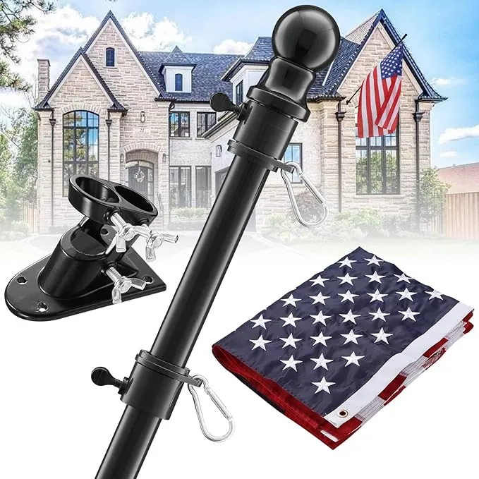 Flag Pole with American Flag - Tangle Free Flag Poles for Outside House with 3x5 Embroidered US Flags,Flagpole Holder Bracket - 5ft Heavy Duty Outdoor Flag Pole Kit for Porch - Black