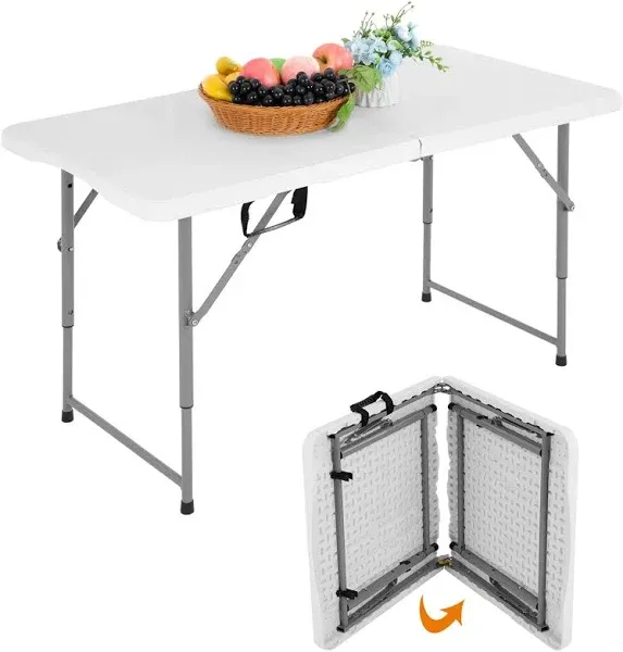 BOOSDEN 4 Foot Folding Table, Portable Rectangle Card Table, Indoor Outdoor Plastic Fold-in-Half Utility Table with Carrying Handle, Adjustable Height Foldable Table for Picnic,Party,Camping,Office