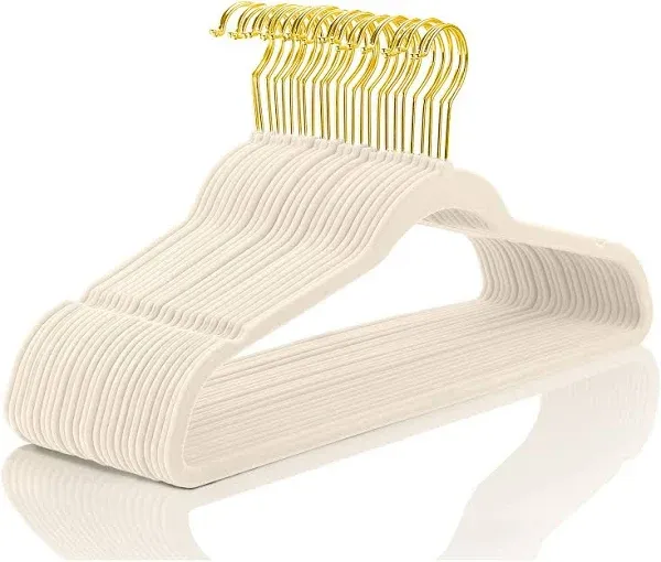 MIZGI Premium Velvet Hangers Pack 50 Pcs HeavyDuty - Non Slip Slimline - Velvet Suit Hangers Ivory - Gold Hooks,Space Saving Clothes Hangers