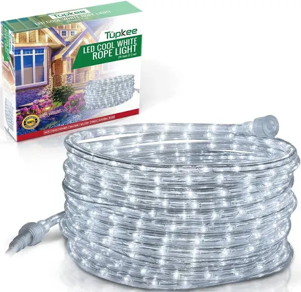 Tupkee LED Rope Light COOL-WHITE, 24 Feet, 144 Long Life Bulbs, Indoor &amp; Outdoor