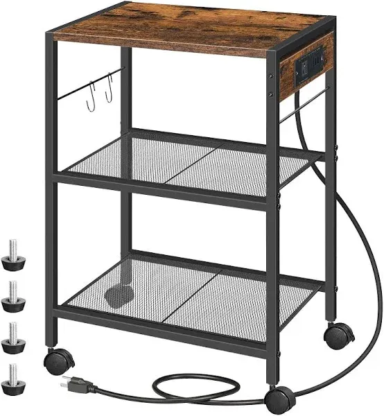 HOOBRO Industrial Printer Stand, 3-Tier Mobile Printer Table, Rolling Cart with Power Outlets and USB Ports, Home Printer Stand with 2 Hooks, for Office, Living Room, Greige and Black BG22UPS01