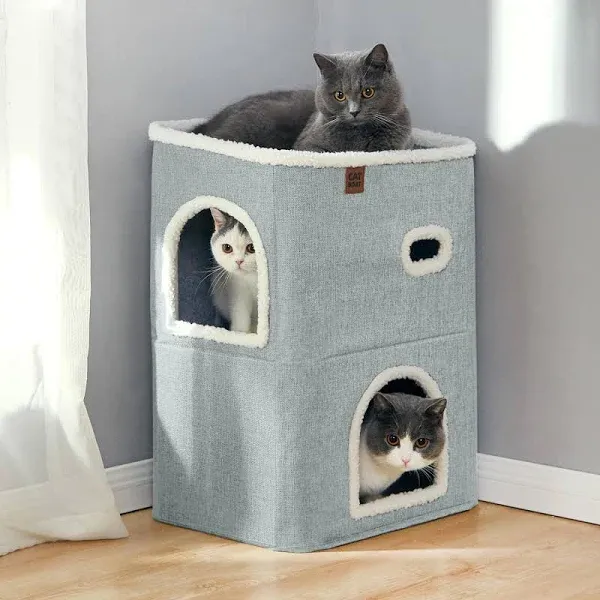 2-Storey Cat House for Indoor Cats Bed, Covered Cat Beds &amp; Furniture with Scratc