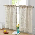 HLC.ME Joyce Lace Sheer Kitchen Cafe Curtain Tiers for Small Windows, Kitchen & Bathroom - 30 W x 36 L Inch (Linen Taupe Tiers, Set of 2)