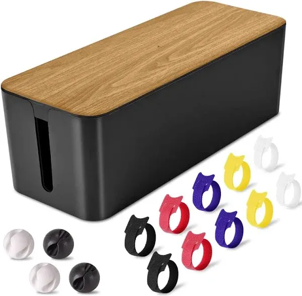 TuweChen Cable Management Box Large Wooden Grain Cable Organizer Box to Hide Wires&Power Strips,TV&Desk Computer Wires,with Cable Clips&Reusable Cable Ties