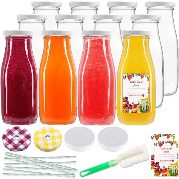 SUPERLELE 12pcs 12oz Glass Bottles with Lids, Reusable Milk Bottle with Straw and Sticky Notes, Used for Children and Adults, First Choice for Dinners and Parties.