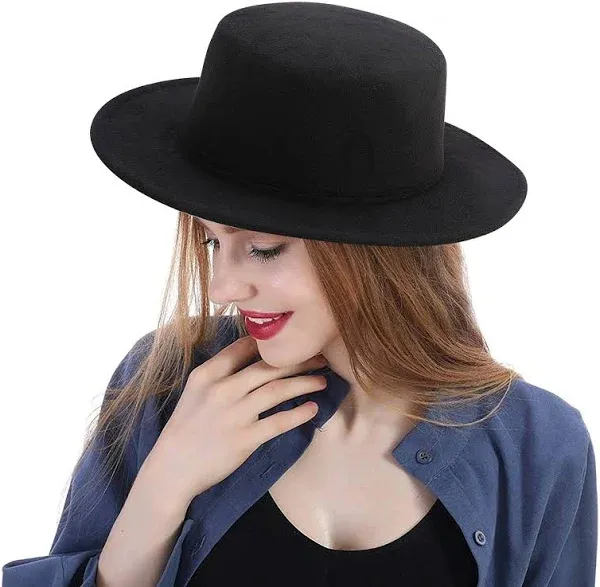 Fashion Classic Black Fedora Flat Hat, Wide Brim Jazz Hats Church Derby Cap for 