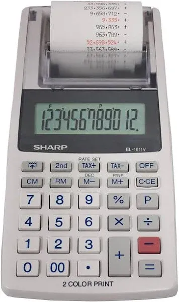 Sharp EL-1611V Printing Calculator Black/Red Print 2 Line/Second EL1611V