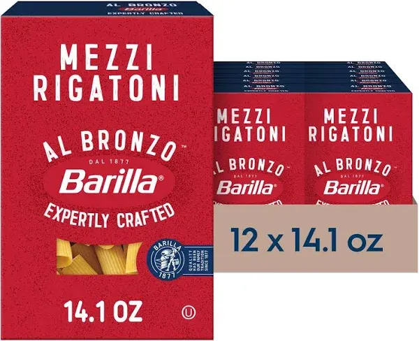 Barilla Al Bronzo Mezzi Rigatoni Pasta 14.1 oz. (Pack of 12), Bronze Cut Pasta Created from a Reserve Batch Durum Wheat, Non-GMO, Kosher