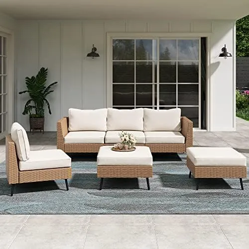 LAUSAINT HOME Outdoor Patio Furniture, 7 Piece Outdoor Sectional Sofa PE Rattan Wicker Patio Conversation Sets, All Weather Patio Furniture Set with Thick Cushions for Garden, Backyard(Beige)