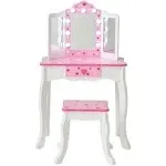 Teamson Kids Little Princess Gisele Sweethearts Print Kids Vanity Set with Matching Stool, Tri-fold Mirror with Glamour LED Lights + Storage Drawer For 3yr and up, Pretend Play House, Salon White/Pink