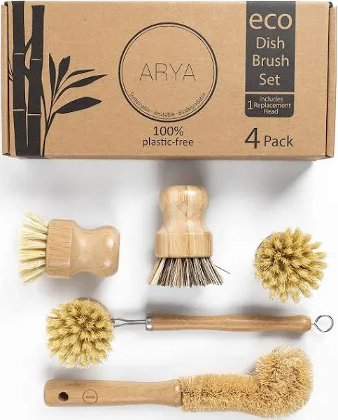 ARYA. Eco Dish Brush Set 4 Kitchen Washing Up Brushes & One Replacement Head