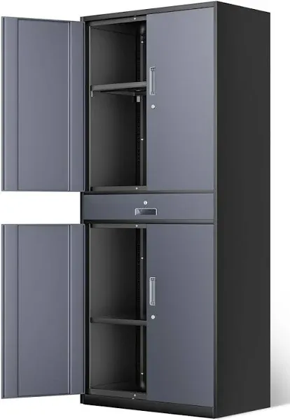 DNA MOTORING Metal Storage Cabinet, 71'' Rolling Garage Cabinet with 1 Drawer and Adjustable Shelves, Lockable Cabinet Heavy Duty Utility Cabinet for Garage,Office,Home,Gray Black, TOOLS-00629-GY-BK