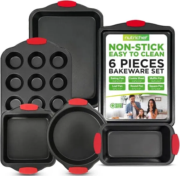 NutriChef 6-Piece Nonstick Bakeware Set - Carbon Steel Baking Tray Set w/ Heatsafe Red Silicone Handles, Oven Safe Up to 450°F, Loaf Muffin Round/Square Pans, Cookie Sheet, Baking Pan -NCSBS6S,Black