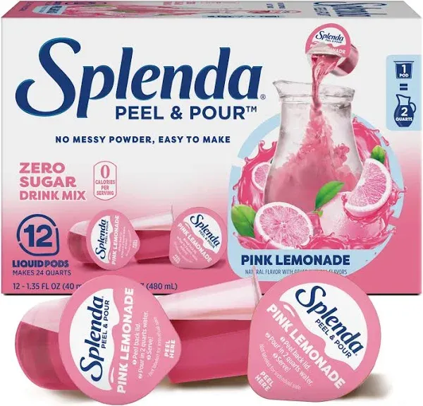 Splenda Peel and Pour Zero Calorie Drink Mix, Pink Lemonade, Naturally Flavored Sugar Free Concentrate, 12 Multi Serve Liquid Pitcher Pods