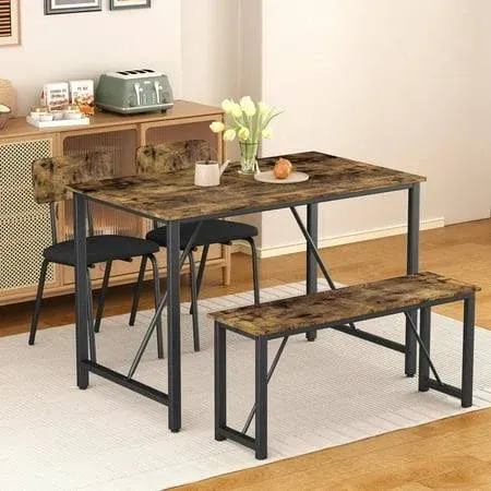 Dining Table Set, 4 Piece Dining Room Table Set for Small Spaces, Kitchen Table with 2 PU Leather Upholstered Chairs and a Long Bench, Space-Saving 