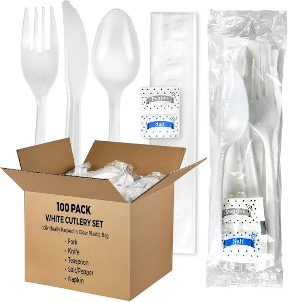 KitchenDine (100 Pack) Medium Weight Wrapped White Plastic Cutlery Pack with Napkin and Salt/Pepper Packets (White)