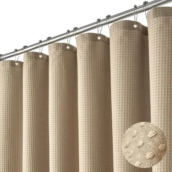 Beige Fabric Shower Curtain - Waffle Textured Heavy Duty Cloth Shower Curtain...