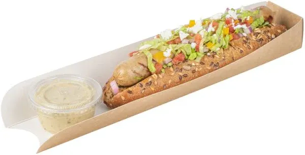 Restaurantware Bio Tek 11.8 x 2 x 1.3 Inch Hot Dog Trays 200 Open-Design Hot Dog Containers - Greaseproof Recyclable Kraft Paper Hot Dog Serving Trays