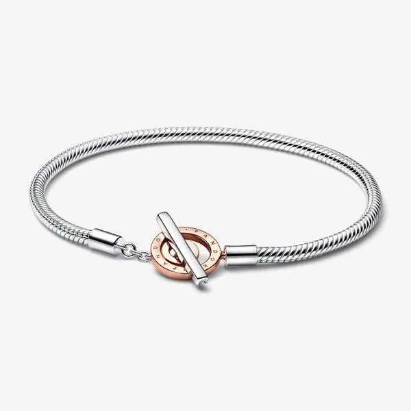 Pandora Moments Two-tone Logo T-Bar Snake Chain Bracelet Sterling silver and 14k Rose gold-plated unique metal blend