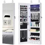  Full Length Mirror Jewelry Cabinet, 6 LEDs Jewelry Armoire Wall Mounted White