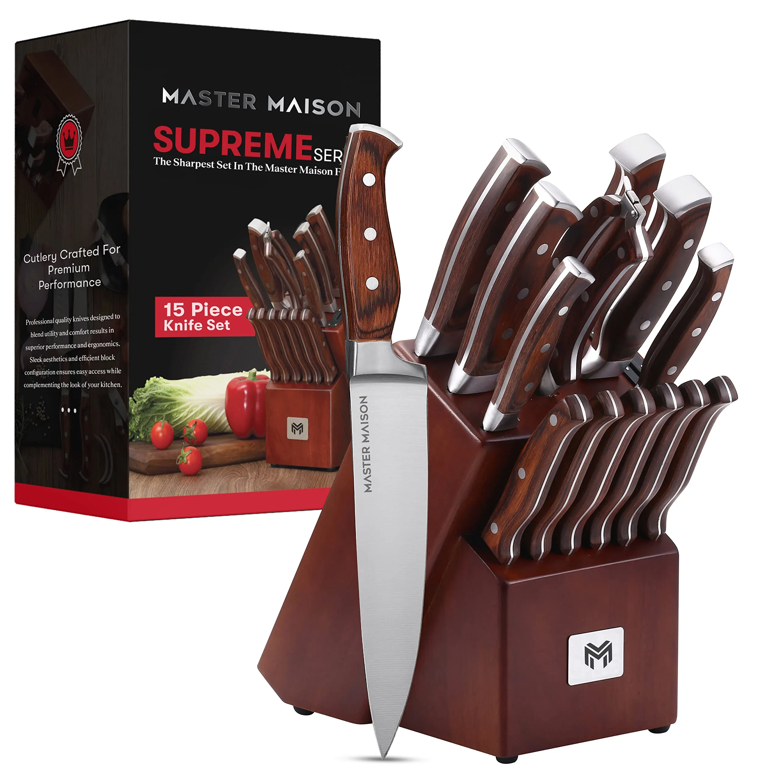 Master Maison 15-Piece Premium Kitchen Knife Set with Block