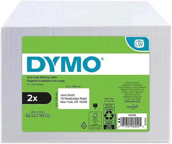 Dymo - LW Extra-Large Shipping Labels, 4" x 6", White, 220/Roll, 5 Rolls/Pack