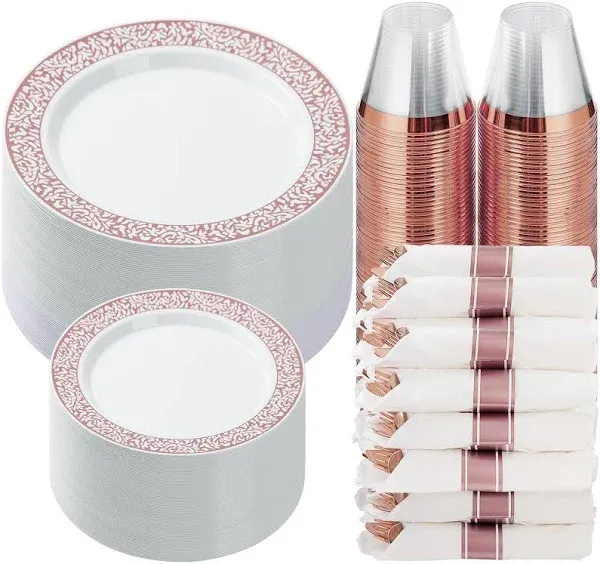 Prestee 350 Piece Rose Gold Plastic Dinnerware Set (50 Guests), Disposable 50 Plastic Rose Gold Plates Rim, 50 Pre-Rolled Linen-Feel Napkins with 50