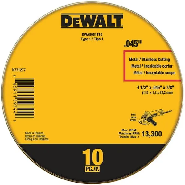 DeWalt 4-1/2" x .045" x 7/8" Metal Cut-Off Wheel (10 Pack) DWA8051T10