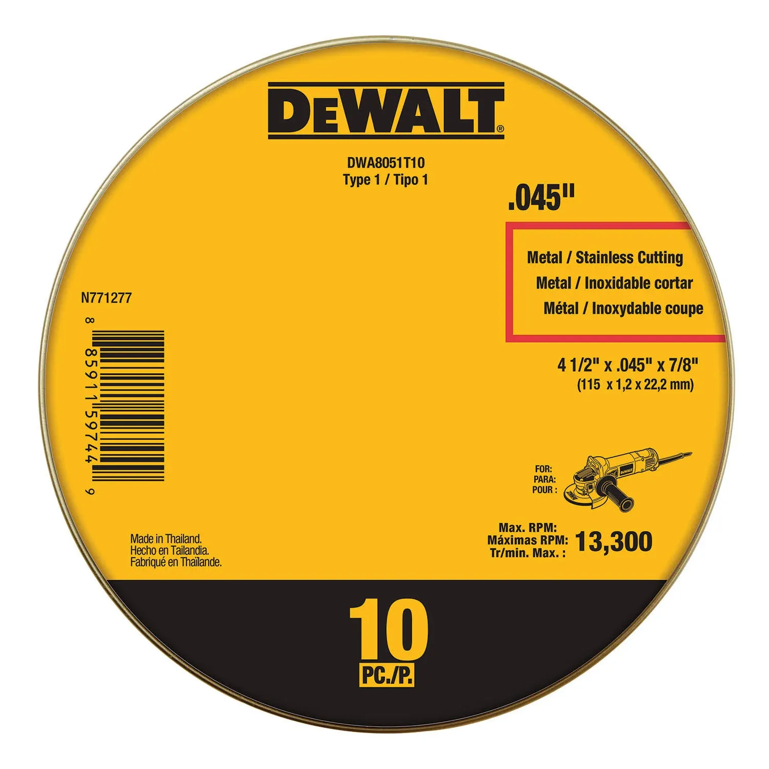 DeWalt 4-1/2" x .045" x 7/8" Metal Cut-Off Wheel (10 Pack) DWA8051T10