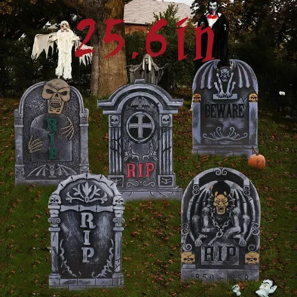 YDP DIY Halloween Tombstone Set(Pack of 5), Create Spooky Graveyard Decorations, 25.6 Inches Large Tombstones Halloween Decor