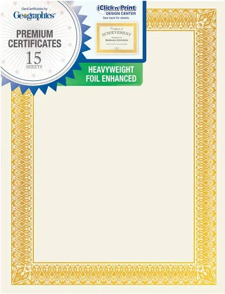 Geographics Foil Certificates, 8-1/2" x 11", Rome Gold, Pack of 90