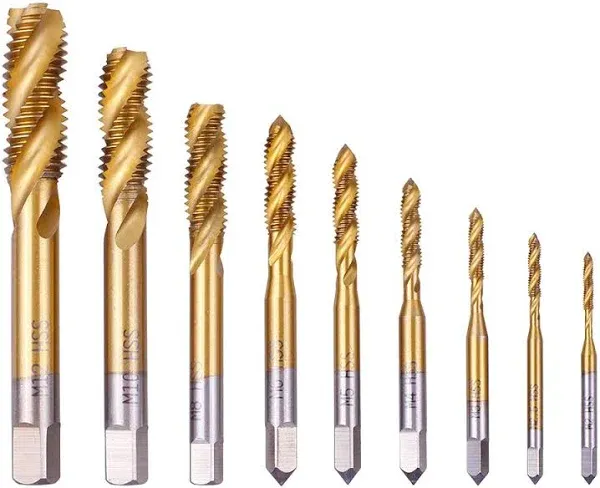 Rocaris 9 Pack of M2 M2.5 M3 M4 M5 M6 M8 M10 M12 Titanium Coated HSS Spiral Flute Metric Taps Set