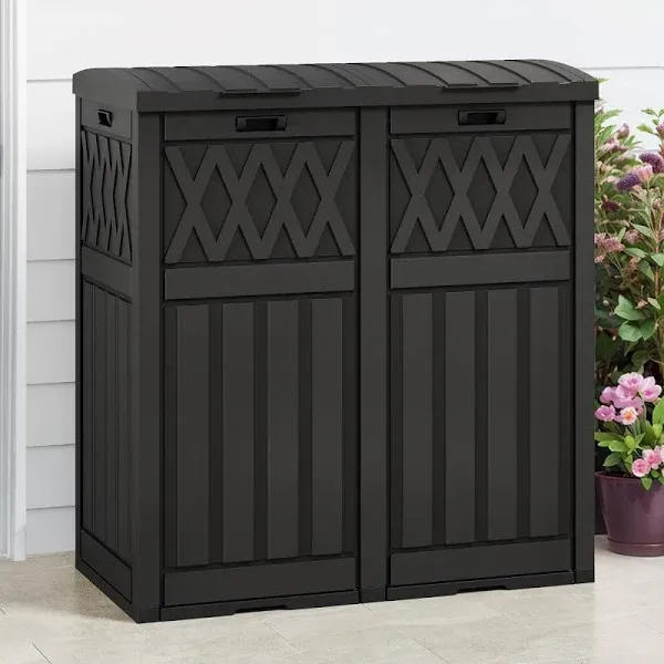 DWVO 66 Gallon Double-Bin Outdoor Trash Can, Waterproof Resin Garbage Can with Tiered Lid and Drip Tray for Patio, Kitchen, Deck, and Backyard - Black