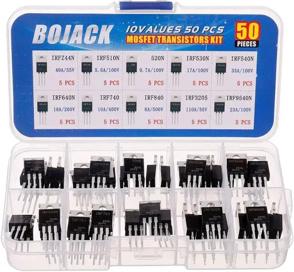 BOJACK 10 Values 50 Pcs IRFZ44N IRF510N IRF530N IRF540N IRF640N IRF740 IRF840 IRF3205 IRF9540 IRF Series transistors MOSFET Assortment Kit