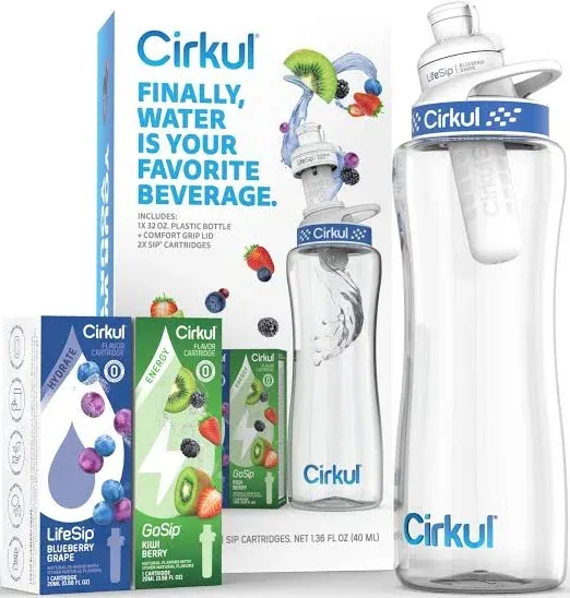 Cirkul 32oz. BPA-Free Plastic Water Bottle Starter Kit with Navy Lid, 2 Flavor Cartridges (1 LifeSip Blueberry Grape, 1 GoSip Kiwi Berry) Zero Calories and No Sugar