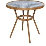 Flash Furniture Lourdes Indoor/Outdoor Commercial Bistro 31.5" Table, PE Rattan, Glass Top, Bamboo Print Aluminum Frame, Navy & White Rattan/Natural