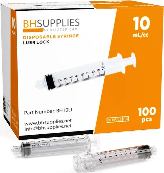 BH Supplies 10ml Luer Lock Tip Syringes (No Needle) - Sterile, Individually Wrapped - 100 Syringes